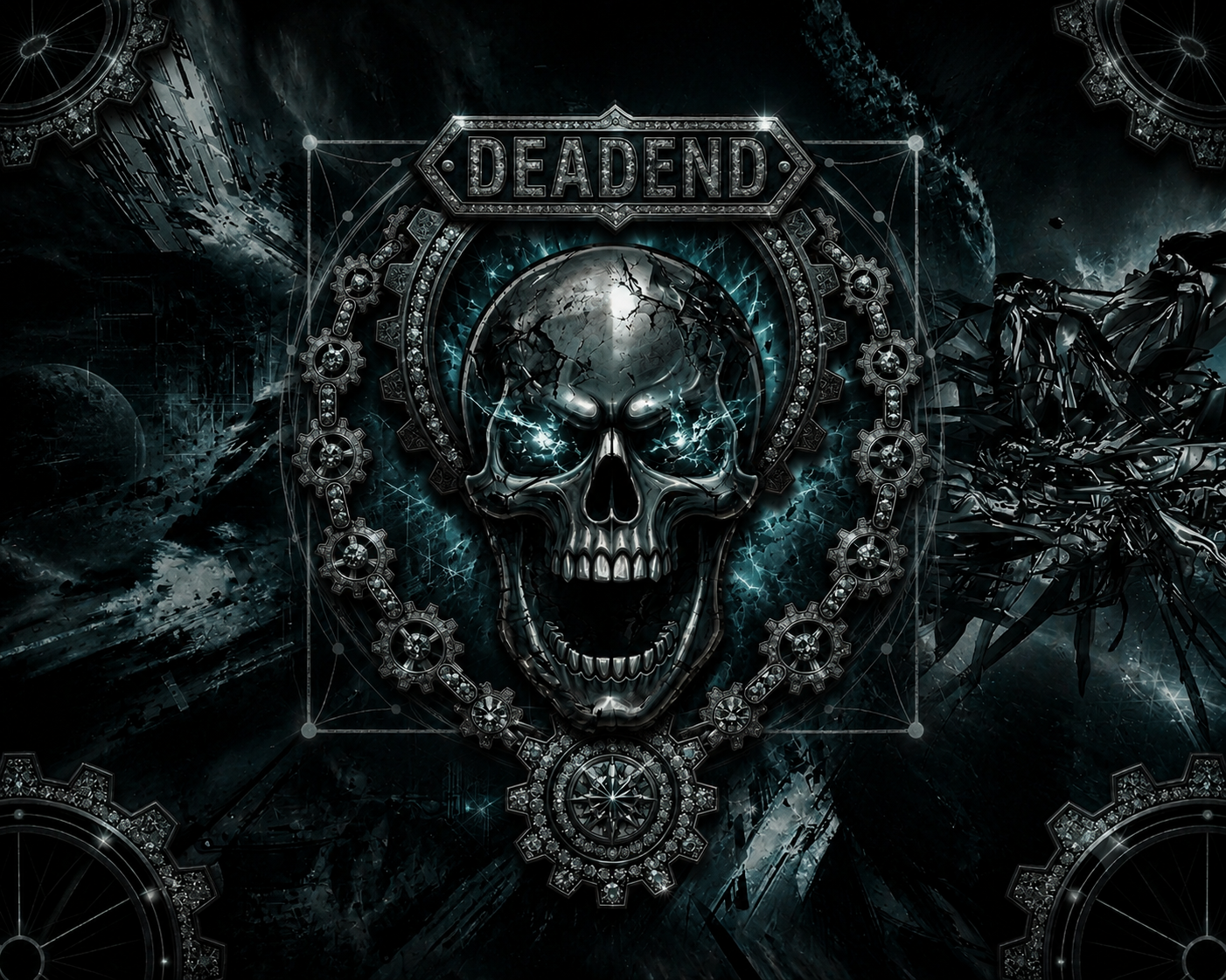 Mechanical Dead End skull artwork surrounded by gears